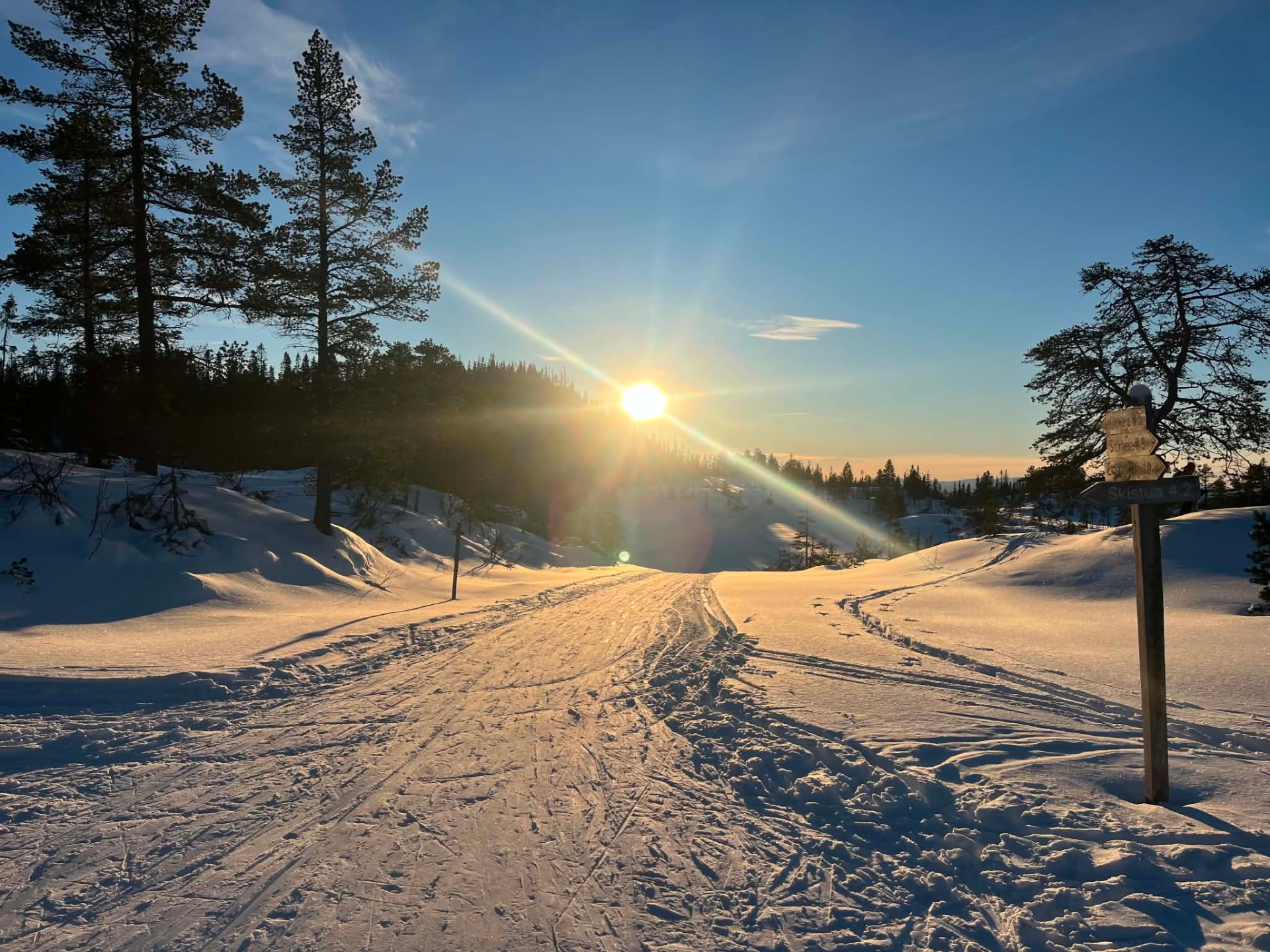 Solnedgang i Bymarka med oppkjørt skispor